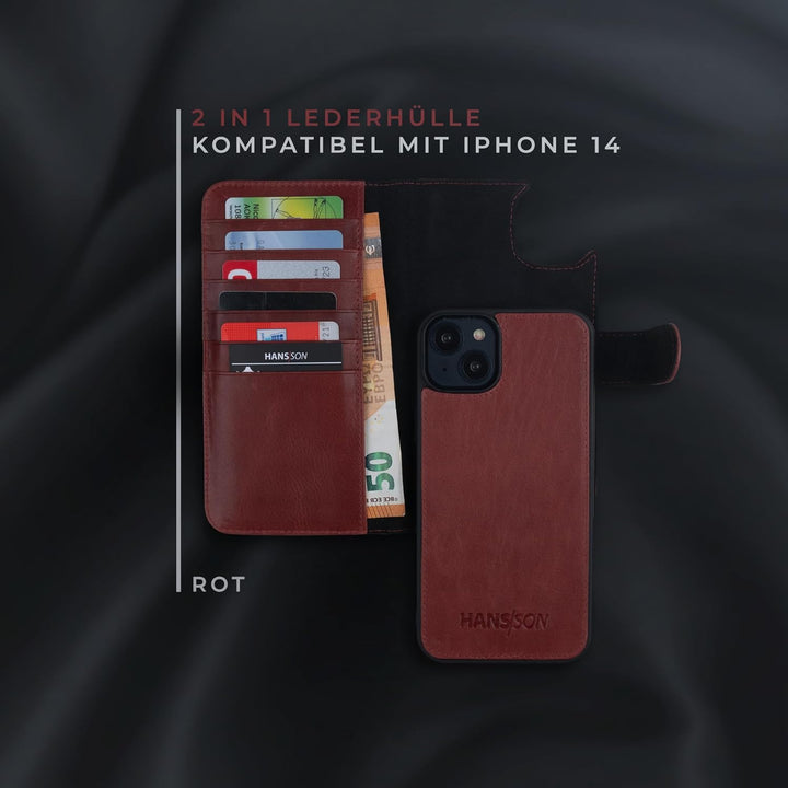 HANS/SON Lederhülle mit Kartenfächern | iPhone 14 | Echtleder | 6,1 Zoll | Schmal | Klapphülle | Sto