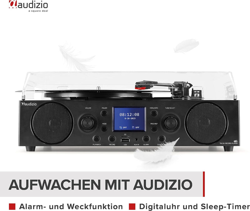 Audizio Tulsa - Stereoanlage mit Plattenspieler Bluetooth 5.0, UKW Tuner, DAB Radio, Aufnahmefunktio