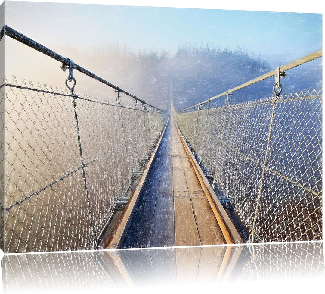Pixxprint Hängeseilbrücke im Nebelschimmer als Leinwandbild/Grösse: 100x70 cm/Wandbild/Kunstdruck/fe