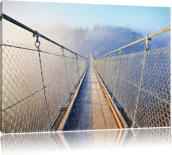 Pixxprint Hängeseilbrücke im Nebelschimmer als Leinwandbild/Grösse: 100x70 cm/Wandbild/Kunstdruck/fe