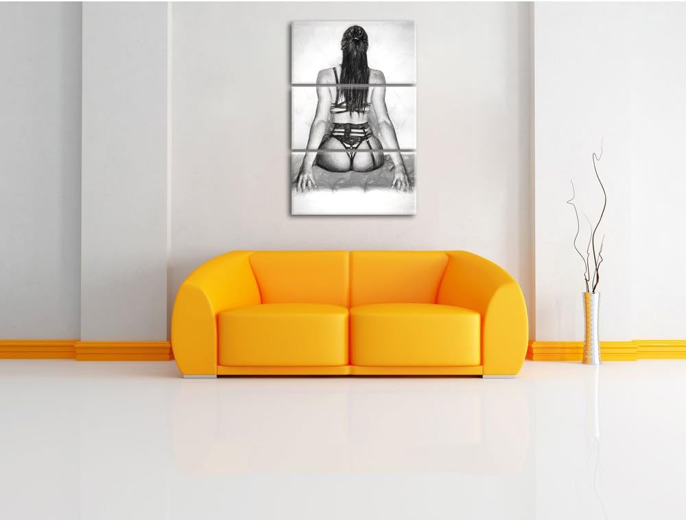 Pixxprint Brünette Frau in sexy Dessous Kunst Kohle Effekt 3-Teiler Leinwandbild 120x80 Bild auf Lei