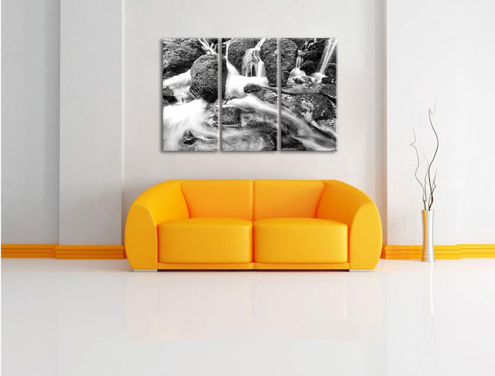 Pixxprint Gertelbach im Schwarzwald Kunst B&W 3-Teiler Leinwandbild 120x80 Bild auf Leinwand