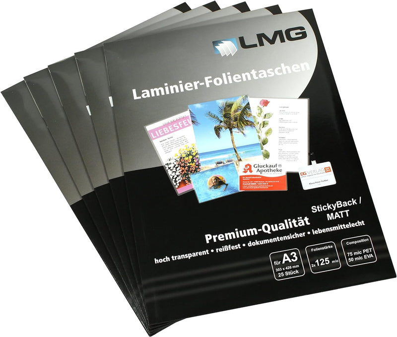 LMG LMGA3-125SM-25 Laminierfolien A3, 303 x 426 mm, 2 x 125 mic mit selbstkl Rückseite, 25 Stück