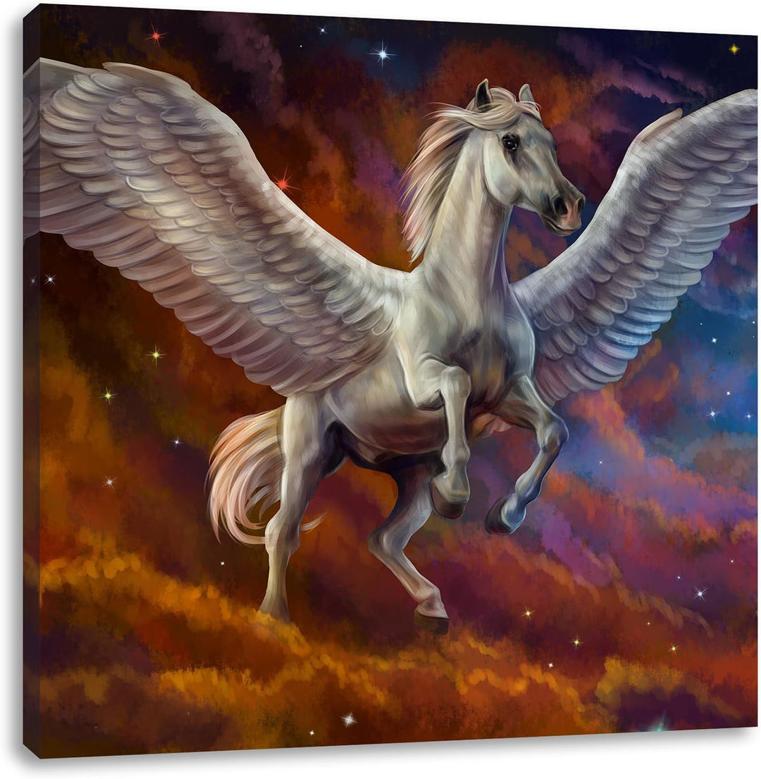 Pixxprint Weisser Pegasus mit Engelsflügel als Leinwandbild/Grösse: 70x70 cm/Wandbild/Kunstdruck/fer