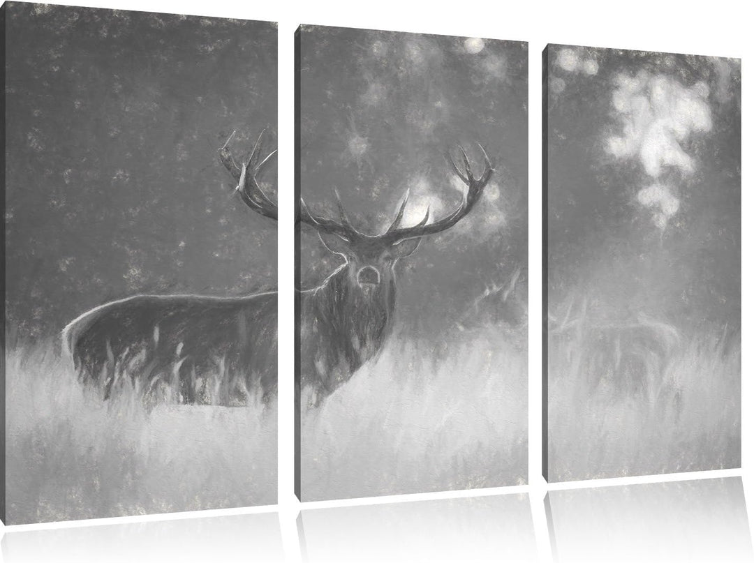 Pixxprint Rotwild im goldenen Morgenlicht Kunst Kohle Effekt 3-Teiler Leinwandbild 120x80 Bild auf L