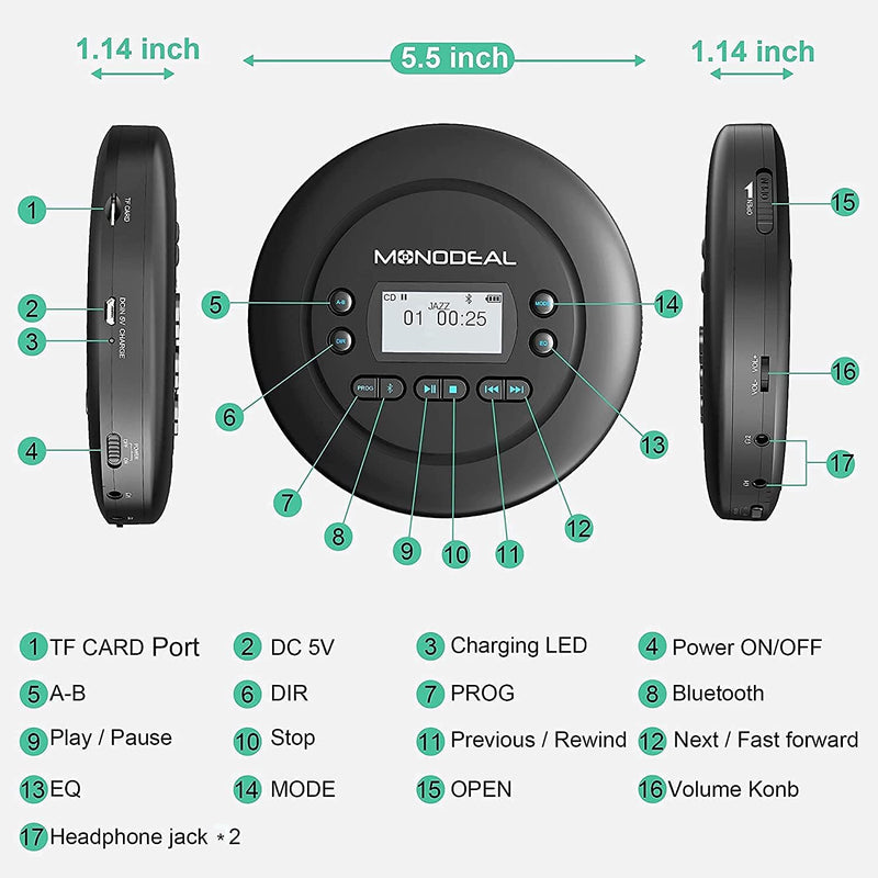 MONODEAL Tragbarer CD Player Bluetooth, Wiederaufladbar Discman für Auto und Kinder, Anti-Skip, klei