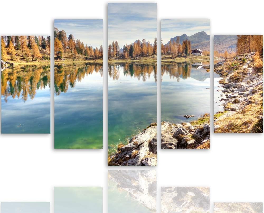 Bilder Landschaft 200x100 cm - Leinwandbild 5 Teilig XXL Kunstdruck See Wald braun Leinwandbild XXL