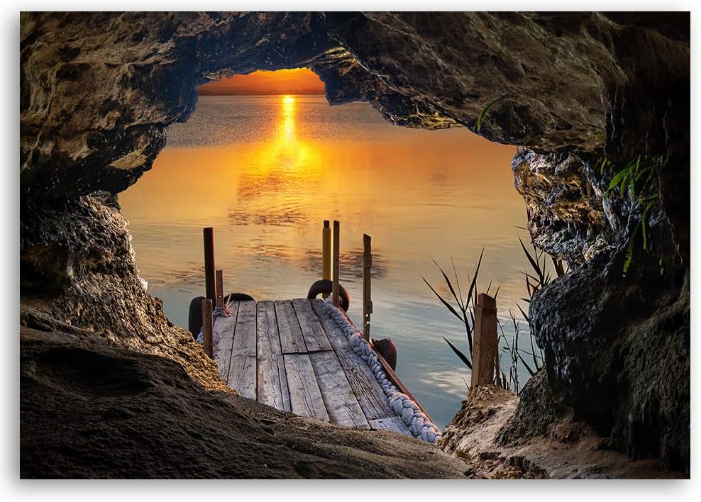 Feeby Leinwandbild XXL Höhle Illusion Wandbild Kunst Sonnenuntergang Orange 120x80 cm Leinwandbild 1