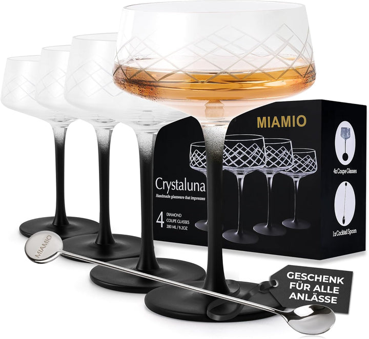 MIAMIO - 280 ml Coupe Gläser 4er Set mit Barlöffel, handgefertigte Kristall Cocktailgläser mit schwa