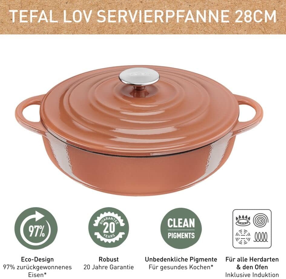 Tefal E26072 LOV Servierpfanne 28 cm | wiedergewonnenes Gusseisen | optimale Wärmespeicherung | für