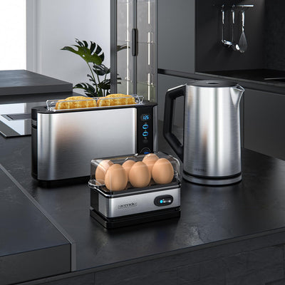 Arendo - Wasserkocher mit Toaster SET und Eierkocher, Edelstahl Silber Wasserkocher 1,5L 40° - 100°C