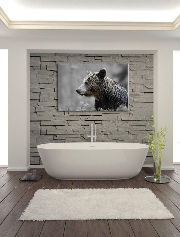 einsamer Bär im Wald schwarz/weiss Format: 100x70 auf Leinwand, XXL riesige Bilder fertig gerahmt mi
