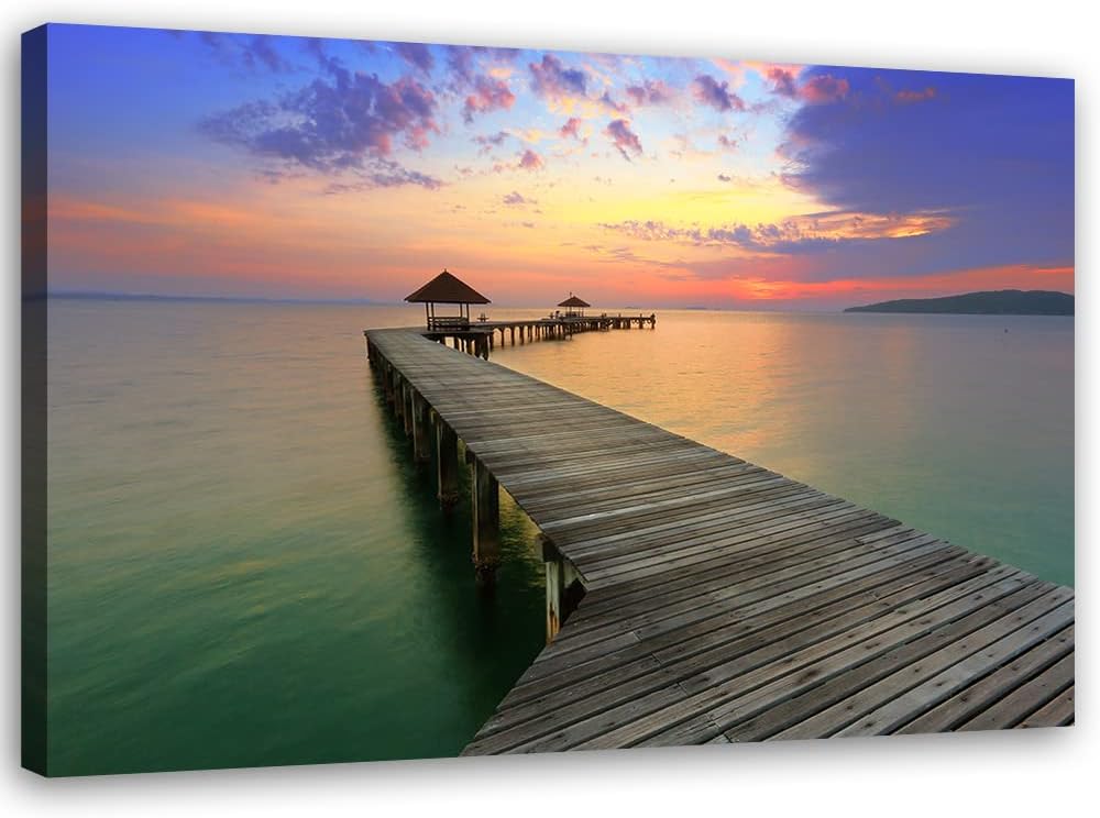 Feeby Vlies Leinwandbild Meer Sonnenuntergang Holzsteg Strand 90x60 cm Druckbild Wandbild Wanddekora
