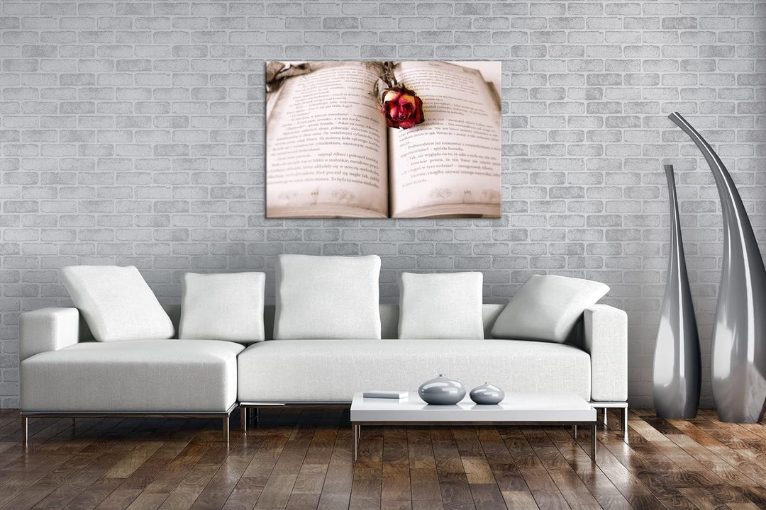deyoli altes Buch mit roter Rose im Format: 80x60 als Leinwandbild, Motiv fertig gerahmt auf Echthol