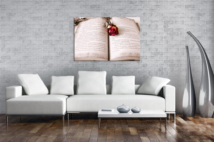 deyoli altes Buch mit roter Rose im Format: 80x60 als Leinwandbild, Motiv fertig gerahmt auf Echthol