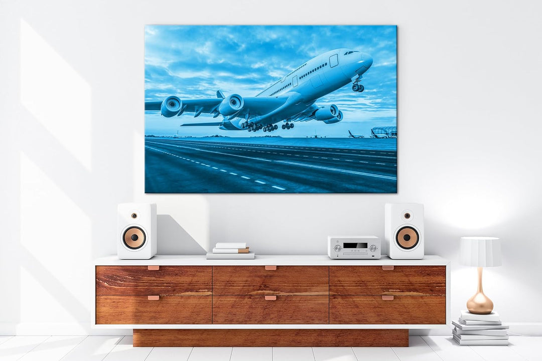 deyoli Flugzeug bei Sonnenuntergang Format: 80x60 cm Effekt: Monocrome Blau als Leinwandbild, Motiv