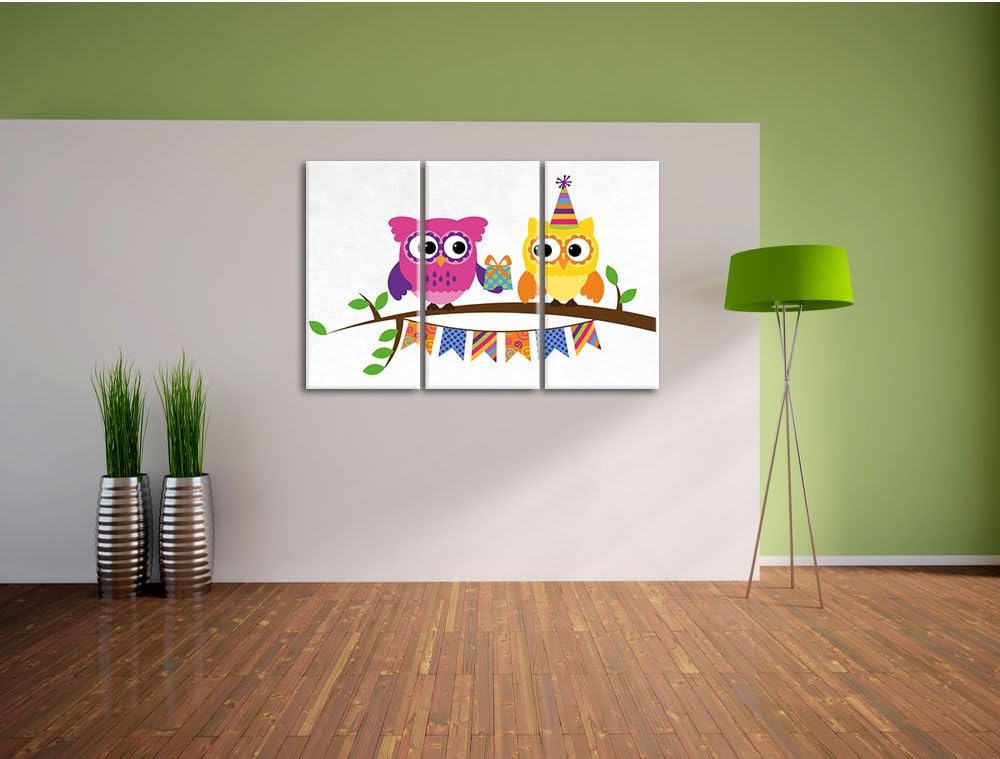Pixxprint Eulen mit Geschenk auf AST als Leinwandbild/Grösse: 3 Teilig (120x80) cm/Wandbild/Kunstdru
