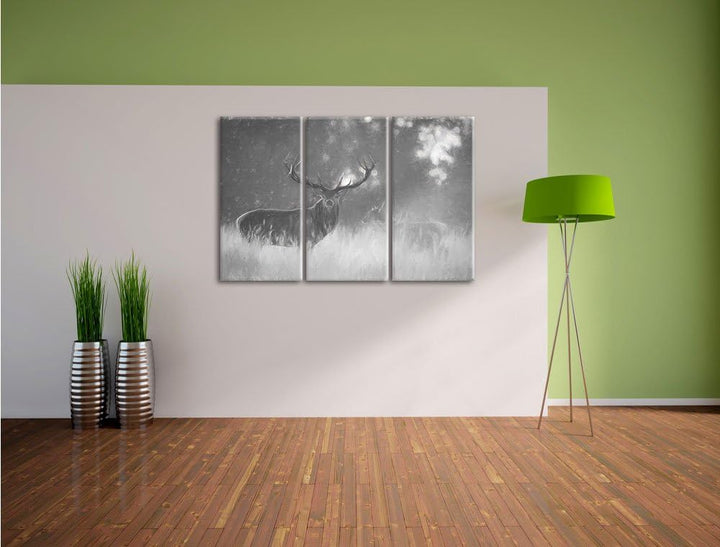 Pixxprint Rotwild im goldenen Morgenlicht Kunst Kohle Effekt 3-Teiler Leinwandbild 120x80 Bild auf L