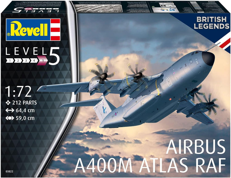 Revell 03822 03822-Airbus A400M Atlas RAF 1:72 originalgetreuer Modellbausatz für Experten, unlackie