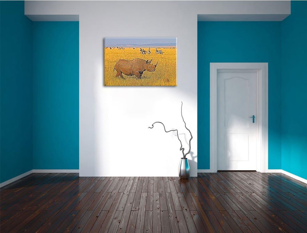 grosses Nashorn mit Zebrahorde Spezial Format: 100x70 cm auf Leinwand, XXL riesige Bilder fertig ger