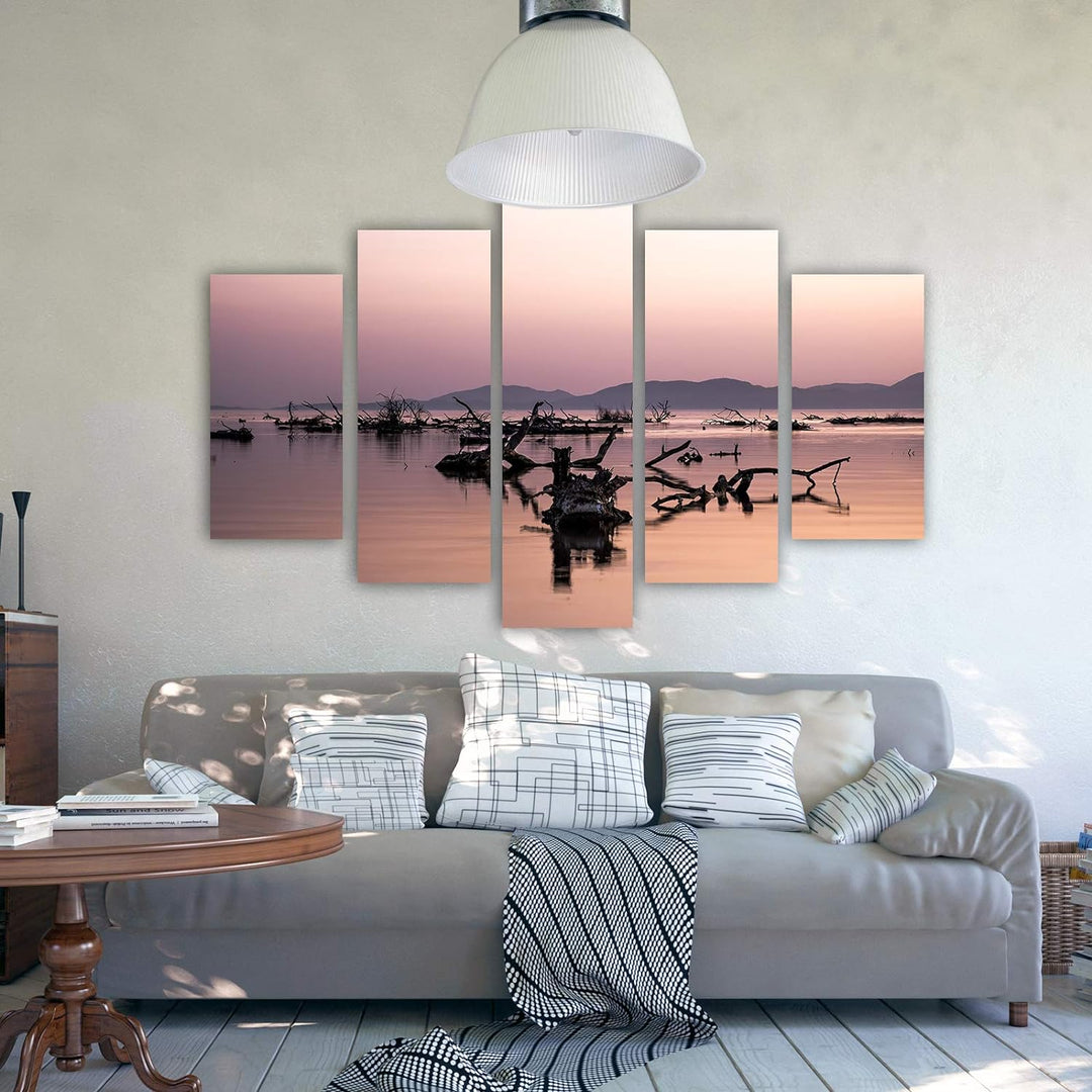 Feeby Wanddeko XXL Landschaft Leinwandbild 5 Teilig Natur Wasser Himmel violett 250x120 cm Leinwandb