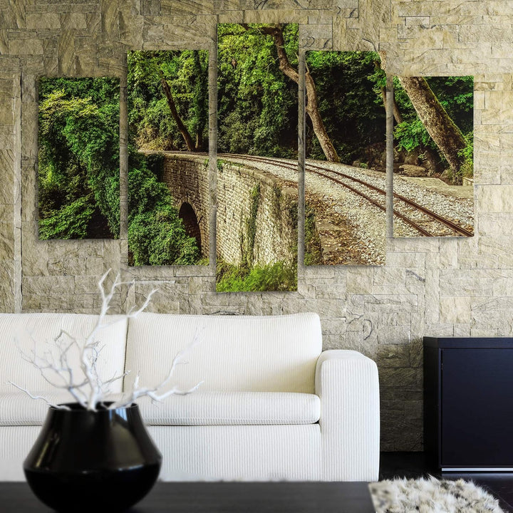 Feeby Bilder Modern Landschaft 5 Teilig Design Art Natur Bäume Gleise grün 100x70 cm Deco panel 100x