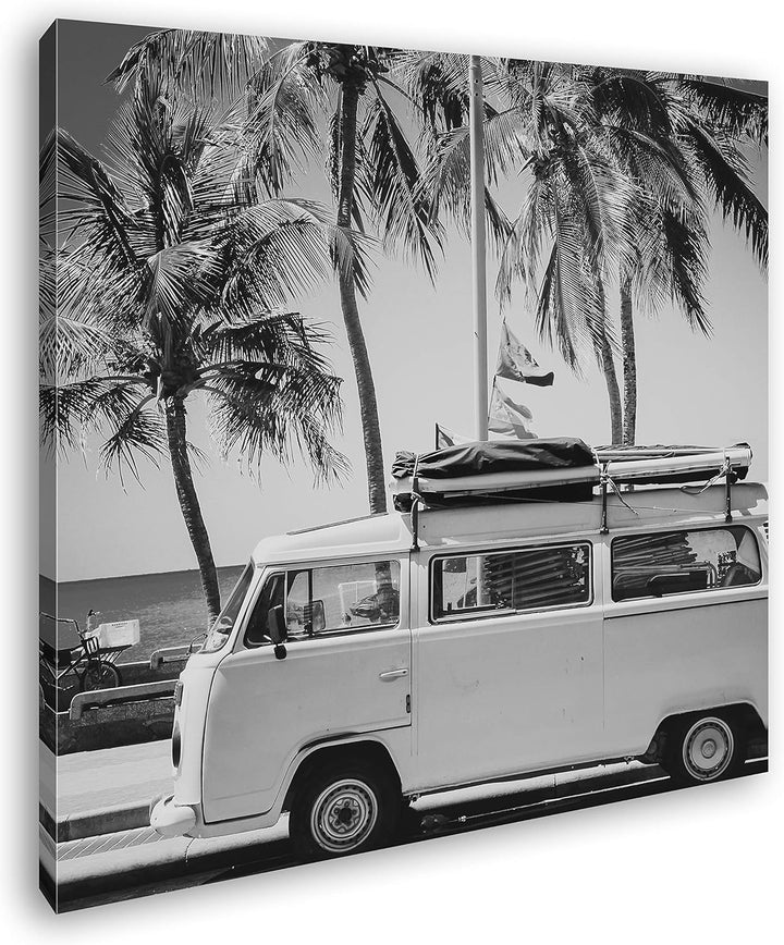 deyoli Camper am Strand mit Palmen im Format: 60x60 Effekt: Schwarz&Weiss als Leinwandbild, Motiv au