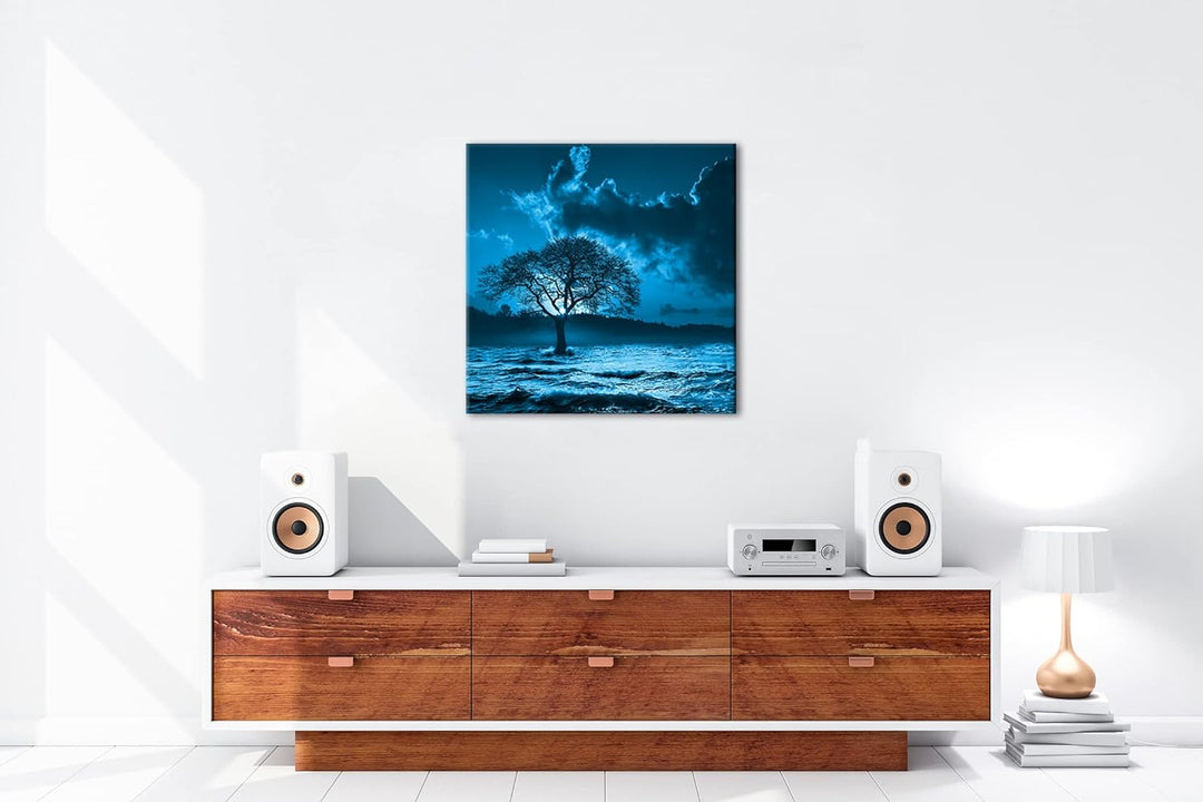 deyoli einsamer Baum im Meer Format: 70x70 Effekt: Monocrome Blau als Leinwandbild, Motiv fertig ger
