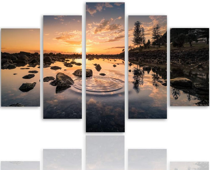 Feeby Bilder Sonnenuntergang 150x100 cm - Leinwandbild 5 Teilig XXL Kunstdruck orange Leinwandbild X