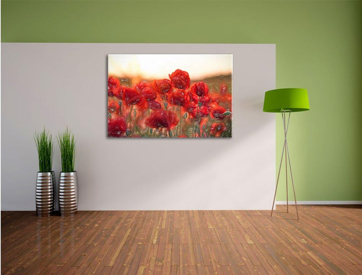 Pixxprint Feuriger Mohn Kunst Buntstift Effekt, Format: 100x70 auf Leinwand, 100x70