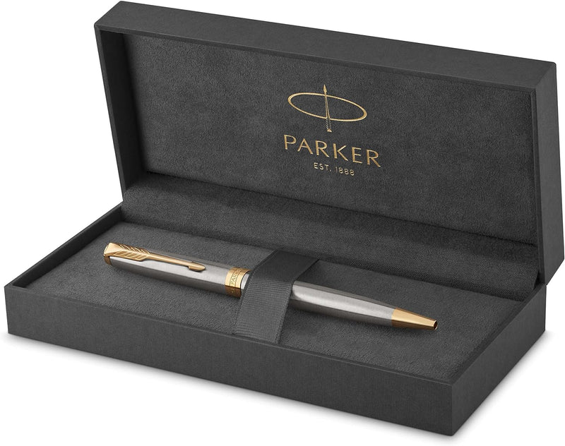 Parker Sonnet Kugelschreiber | Edelstahl mit Goldzierteilen | Mittlere Spitze | schwarze Tinte | Ges