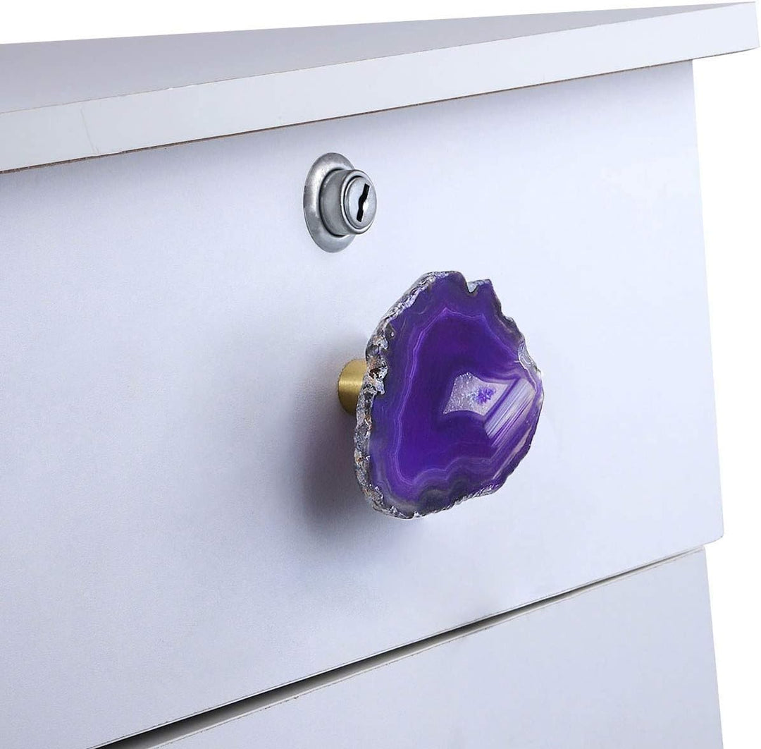 KYEYGWO 4 Stück Violett Unregelmässig Achat Scheiben Möbelknöpfe mit Schraube, Messing Schubladenknö