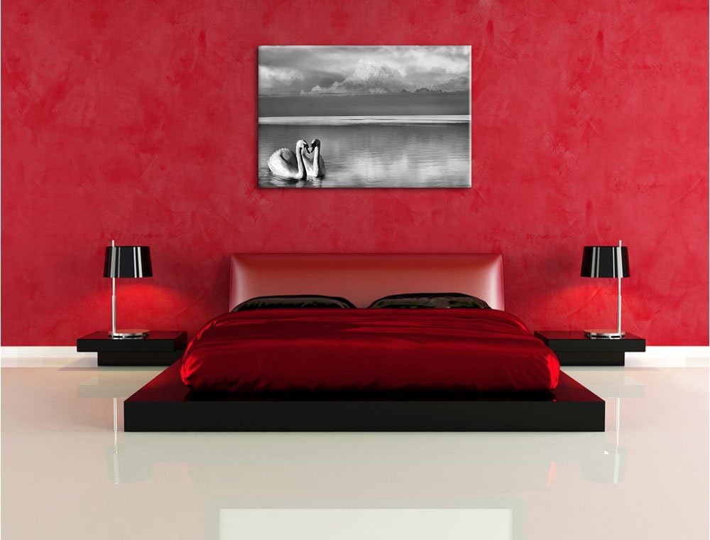 Pixxprint Schwäne in Abenddämmerung / 100x70cm Leinwandbild bespannt auf Holzrahmen/Wandbild Kunstdr
