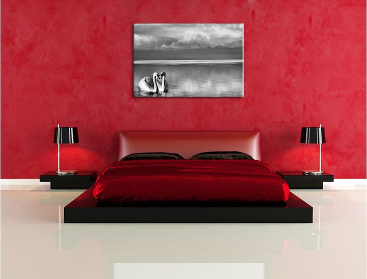 Pixxprint Schwäne in Abenddämmerung / 100x70cm Leinwandbild bespannt auf Holzrahmen/Wandbild Kunstdr