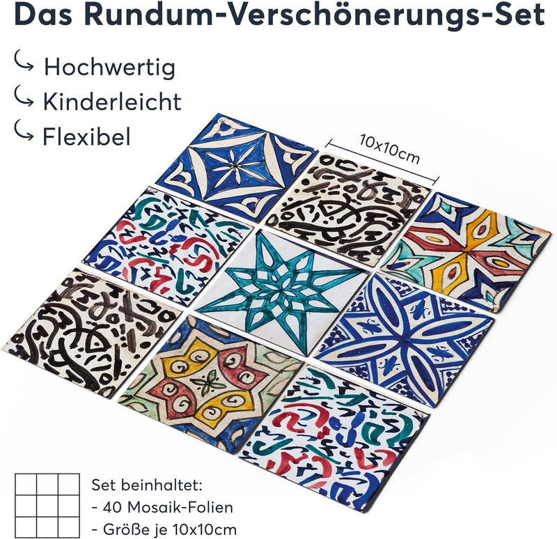 40 Stück Fliesenfolie für Küche und Bad 10x10 cm - Mosaikfliesen, Fliesensticker - Sticker Fliesen s