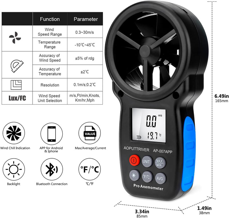 Digitaler Windmesser mit APP, Windmesser Handheld Windgeschwindigkeitsmesser mit APP-Datenlesung,dra