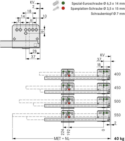 SOTECH DWD-XP Frontauszug H95 / 40 kg/Nennlänge 400 mm/grau mit Rechteckreling und SoftClose Schubla