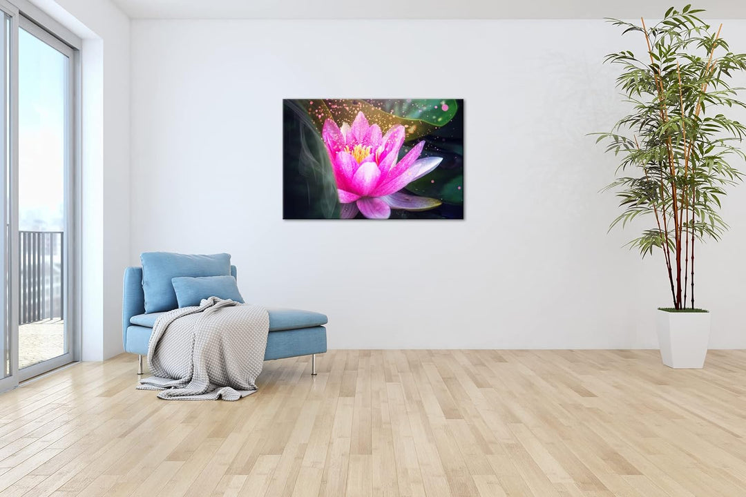 Lotus Seerose Format: 120x80 als Leinwandbild, Motiv fertig gerahmt auf Echtholzrahmen, Hochwertiger