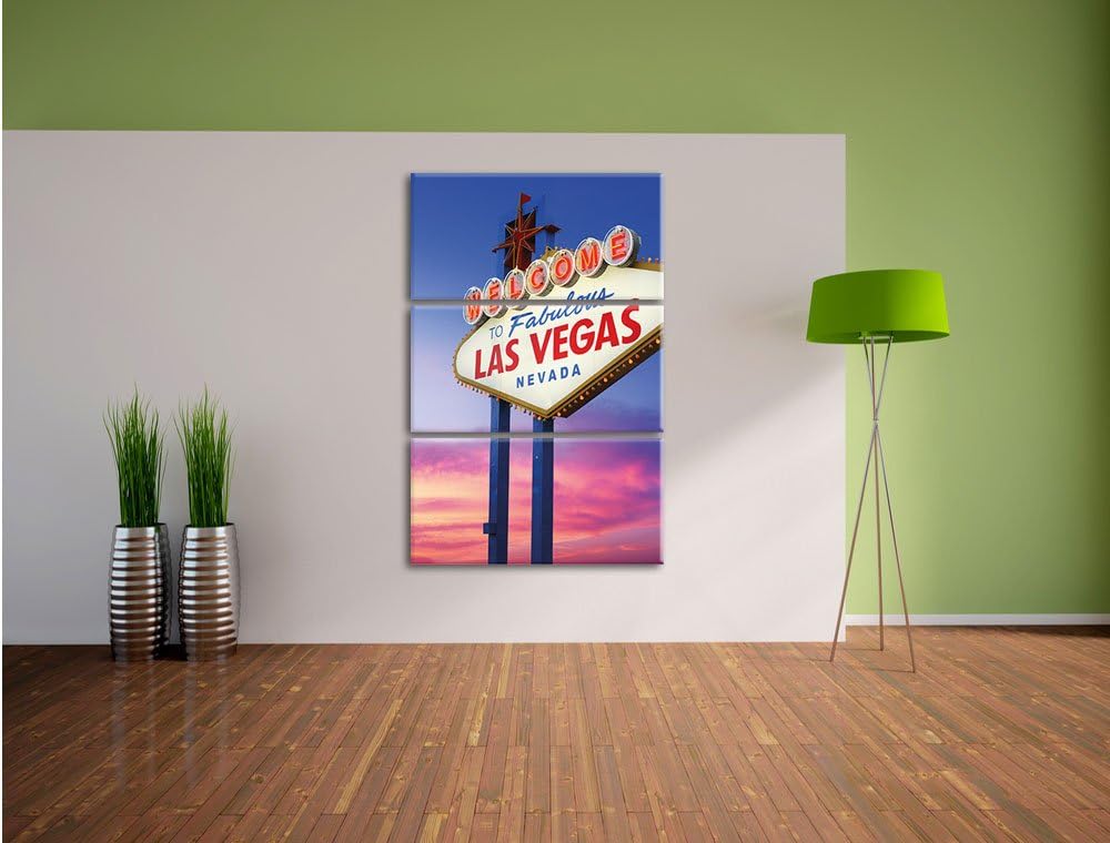 Pixxprint Las Vegas Schild in der Dämmerung als Leinwandbild | Grösse: 3 Teilig (120x80) | Wandbild|
