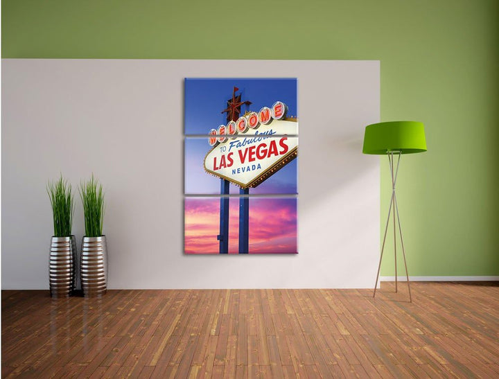 Pixxprint Las Vegas Schild in der Dämmerung als Leinwandbild | Grösse: 3 Teilig (120x80) | Wandbild|
