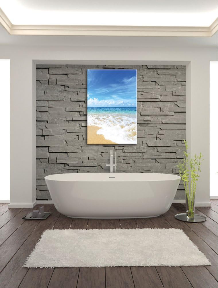 Pixxprint Sand Strand Wellen Sonne / 100x70cm Leinwandbild bespannt auf Holzrahmen/Wandbild Kunstdru