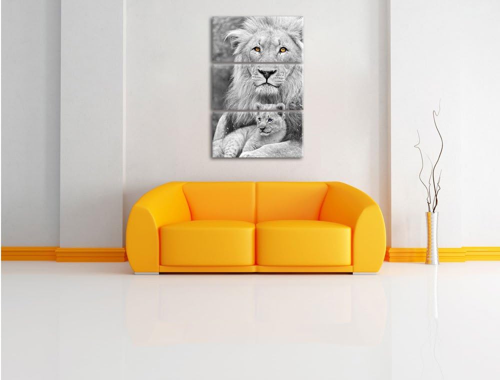 Pixxprint liebevoller Löwe kuschelt mit Jungtier schwarz/weiss 3-Teiler Leinwandbild 120x80 Bild auf