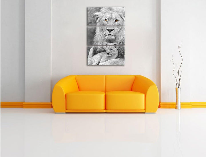 Pixxprint liebevoller Löwe kuschelt mit Jungtier schwarz/weiss 3-Teiler Leinwandbild 120x80 Bild auf