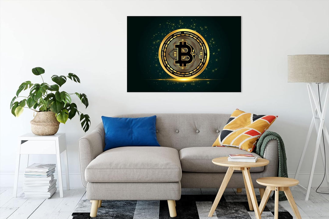 Pixxprint funkelnder Bitcoin BTC als Leinwandbild | Grösse: 120x80 cm | Wandbild | Kunstdruck | fert