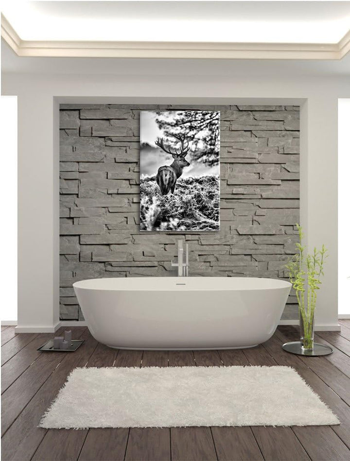 Pixxprint Hirsch im Wald als Leinwandbild/Grösse: 100x70 / Wandbild/Kunstdruck/fertig bespannt, 100x