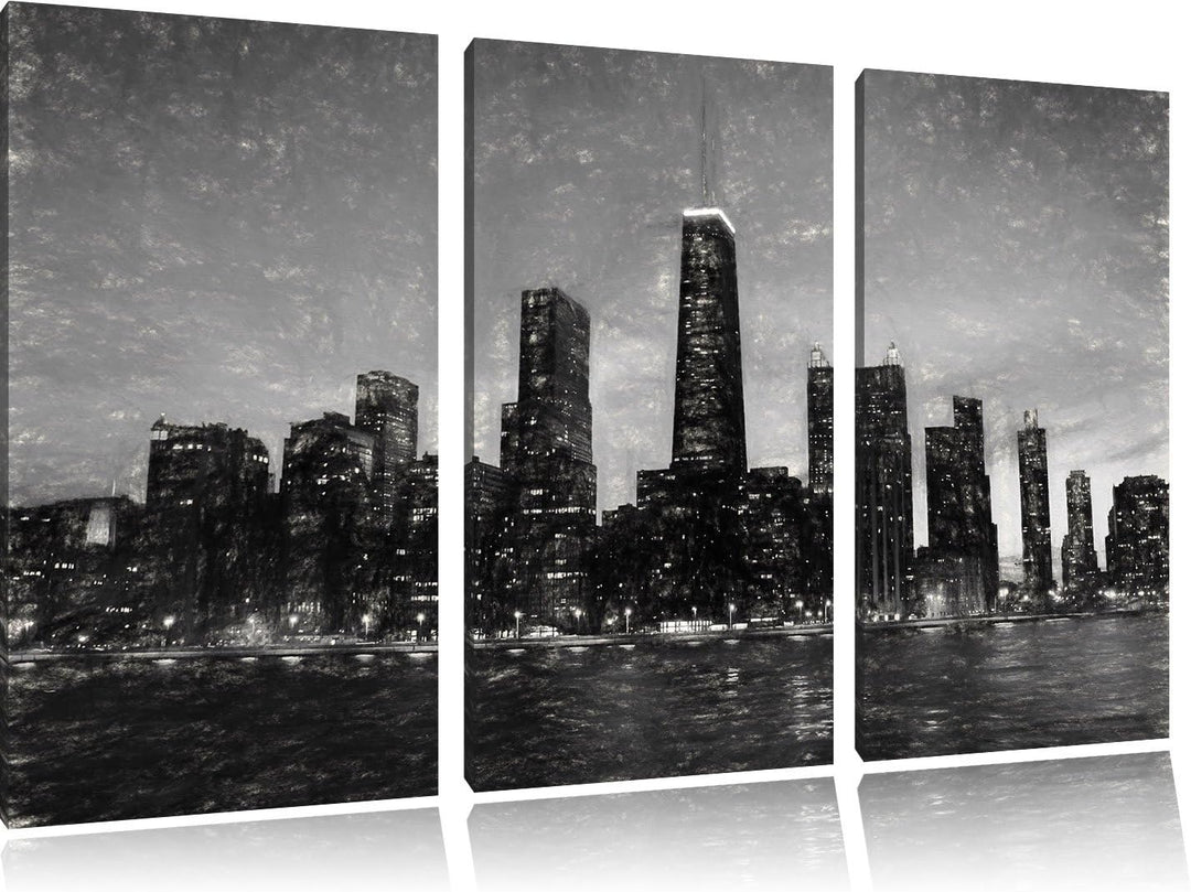 Pixxprint Chicago-Wolkenkratzer-Silhouette als Leinwandbild/Grösse: 3 Teilig (120x80 cm) cm/Wandbild