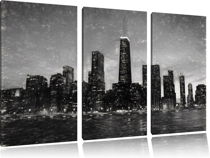 Pixxprint Chicago-Wolkenkratzer-Silhouette als Leinwandbild/Grösse: 3 Teilig (120x80 cm) cm/Wandbild
