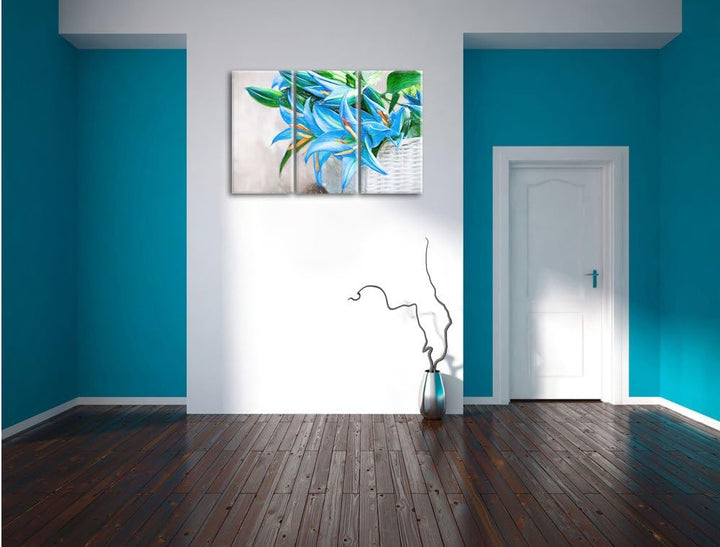 Pixxprint schöne Blaue Blumen im Körbchen als Leinwandbild/Grösse: 3 Teilig (120x80 cm) cm/Wandbild/