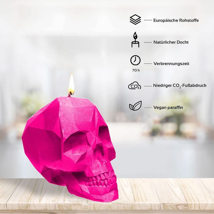 Candellana Kerze Kleiner Schädel Low Poly | Höhe: 7,5 cm | Dunkelrosa | Totenkopf | Handgemacht in d