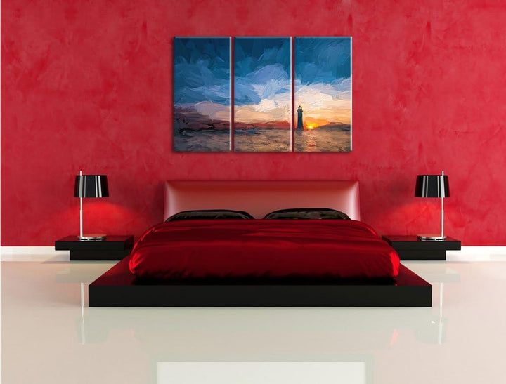 Pixxprint Leuchtturm im Sonnenuntergang als Leinwandbild/Grösse: 3 Teilig (120x80) cm/Wandbild/Kunst